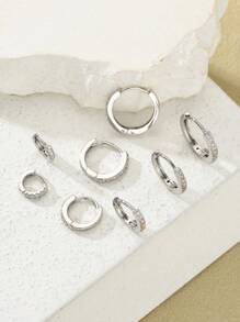 8 件套女士银质环形耳环套装，厚实银质环形耳环，铜质方晶锆石，防过敏小号耳环，小巧银质厚环形耳环，可叠戴，适合多个耳洞 - 銀色 - 查看 7