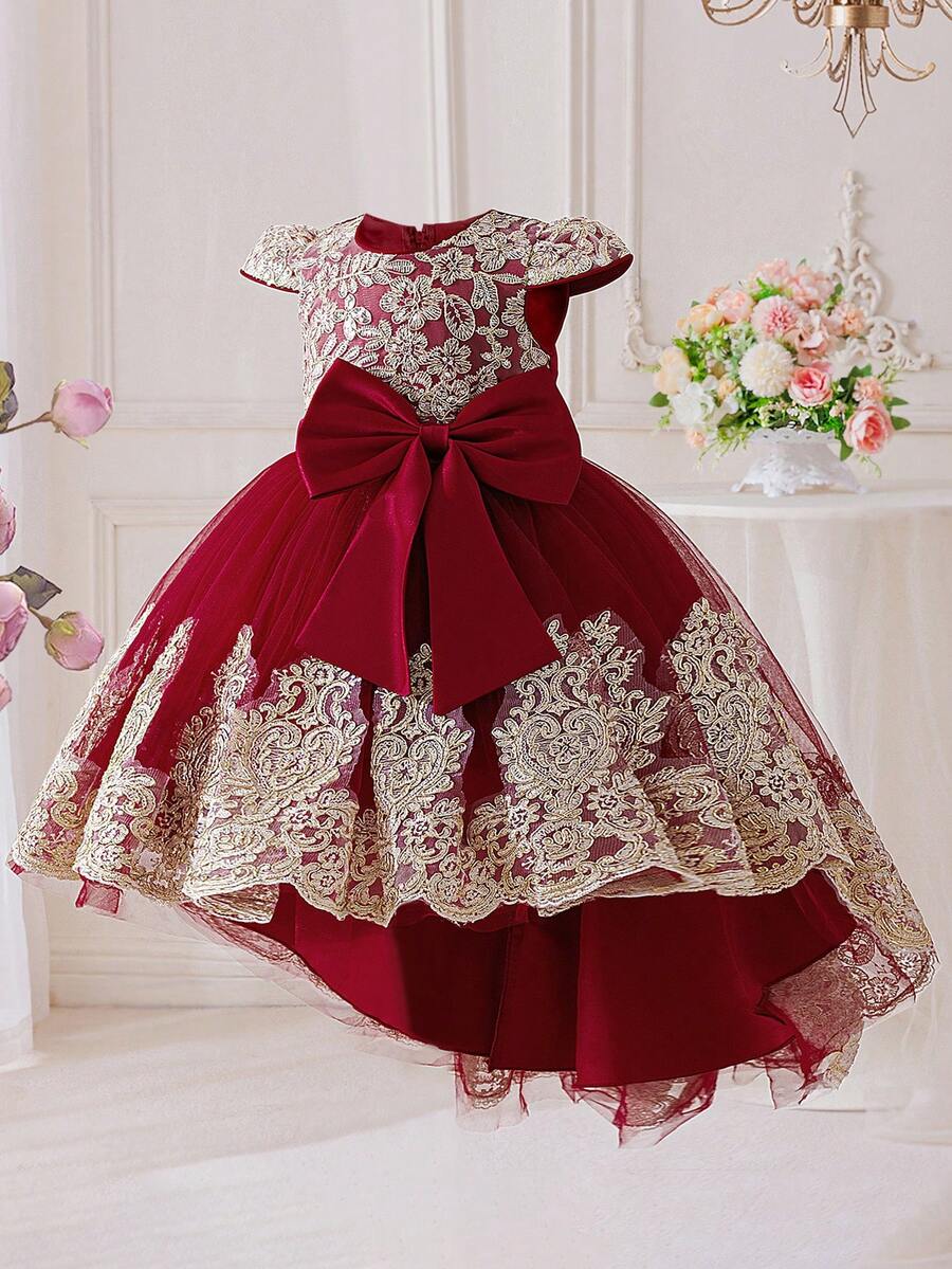 Young Girls Embroidered Mesh Puff Sleeve Elegant Trailing Flower Girl Dress, Suitable For Runway, Gala, Party, Birthday, School Dance, Does Not Include Headband - Burgundy - View 1