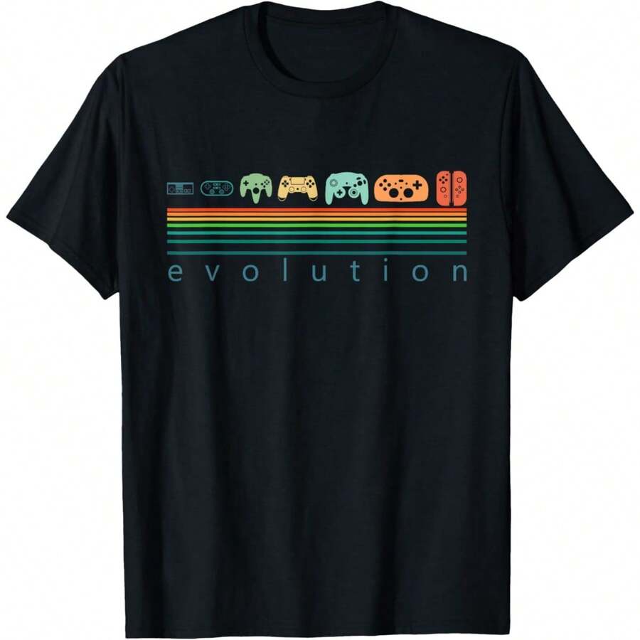 1pc Retro Game Controller Evolution Rainbow Stripe T-Shirt, Vintage Gaming Console Graphic, Black Casual Cotton Tee - Black - View 1
