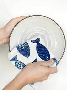 1/2/4条装厨房毛巾，高吸水性，涤纶材质，蓝白鱼图案，是假日农舍厨房和浴室装饰、秋季装饰、房间装饰的理想之选。 - 藍色 - 查看 7