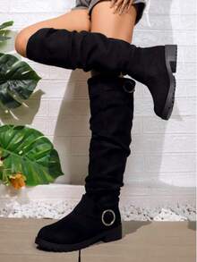 Mid Autumn/Winter Suede Pile Boots Women's Western Cowboy Boots Women's Retro Boots New Knight Boots Retro Flat Western Belt Buckle Boots - 黑色 - 查看 5