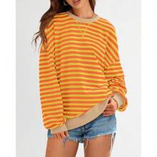 Womens Oversized Striped Sweatshirt Crewneck Long Sleeve Pullover Top Casual Y2K Spring Clothes 2026 Workout Shirt,Vacation Outfits Women,Valentine Outfits For Women,Street Photography - Yellow Orange - 查看 4