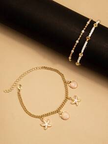 Set de 3 piezas de accesorios de joyería de tobillera de acero inoxidable de estilo casual y de moda para chicas de playa - Tobillera de tres capas - Ver 4