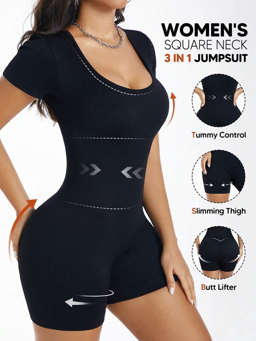 Mono con escote cuadrado y mangas cortas para mujer - Negro - Ver 1