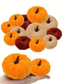 6pcs Faux Velvet Foam Fabric Pumpkins Decoration, Fall Pumpkins Decoration For Home, Assorted Velvet Pumpkins Fake Pumpkins, Artificial Fall Table Decor, Reusable Thanksgiving, Autumn Table Centerpiece, Velvet Craft Pumpkin For Fall Home Farmhouse Harvest Thanksgiving Decorative, Table Centerpiece, Halloween Decorations, Christmas Decoration, - Multicolor - View 6