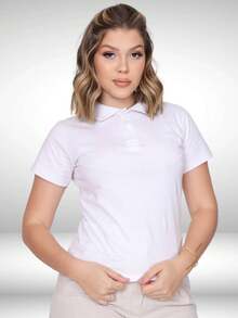 Polo Neck Blouse With Short Sleeves And Functional Buttons Comfortable Women's Fashion - White - View 2