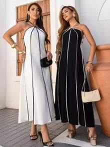 Women's Premium Halter Neck Long Striped Dress With Tie H-13 - màu đen - Xem 2