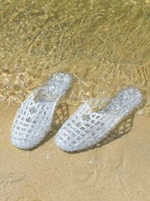 2025 Spring/Summer New Hollow Out Slip-On Sandals For Women, Outdoor Beach Slippers, Non-Slip Soft Bottom Flat Comfortable Crystal Jelly Shoes