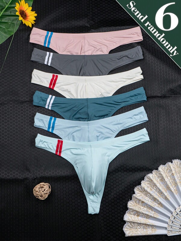 6pcs/Pack Men's Underwear, Men's Sexy Thong Briefs, Fashion Lightweight Soft Thong Underwear, Random Solid Color, Breathable Fitted Thongs For Summer