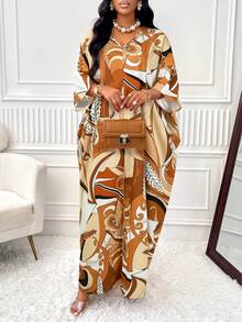 BIUBIU 夏季时尚优雅度假大码女式V领蝙蝠袖开衩植物印花连衣裙（随机印花）