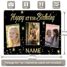 1pc Customizable Photo, Name, Year Black & Gold Glitter Happy Birthday Backdrop Banner, Personalized Gold Glitter Birthday Party Name Decor, Suitable For Cake Table Background, Photography Vinyl Banner ,Travel Organizer - Black Gold - View 5