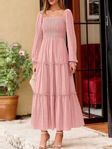 PRETTYGARDEN Women Elegant  Maxi Dresses For Fall Boho Long Sleeve Smocked A Line Ruffle  Wedding Guest Holiday Party Long Dress With Pockets New Years Valentine Vacation Spring Dresses For Women Vestidos Elegantes De Mujer - 粉色 - 查看 8