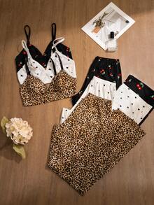 3pcs/Set Women Leopard, Heart, Cherry Print Comfortable Lingerie Set - Multicolor - View 3
