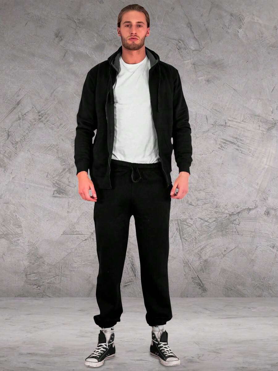LoveMyFashions Men's 2pcs Set Tracksuit Full Sleeve Solid Color Drawstring Waist Zip Up Hoodie & Sweatpants Two Pieces Set With Pockets - Black - View 1