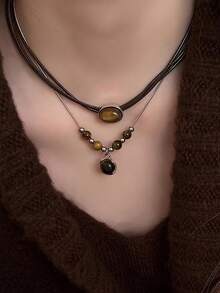 2pcs Vintage Tiger Eye Stone Necklace, Layered Leather Cord Design, Elegant For Daily Wear, Chic For Party, Delicate Focal Point On Collarbone