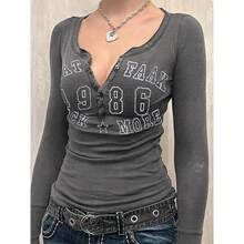 Women's Y2K Long Sleeve Henley T Shirts Button Down Slim Fit Vintage Casual Tops Graphic Crop Tops - Grey - View 3