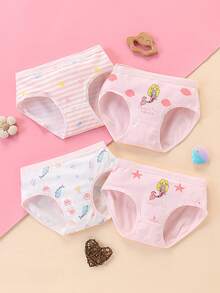 4pcs/Set Cute Cartoon Mermaid Print Girls' Underwear, Suitable For All Seasons