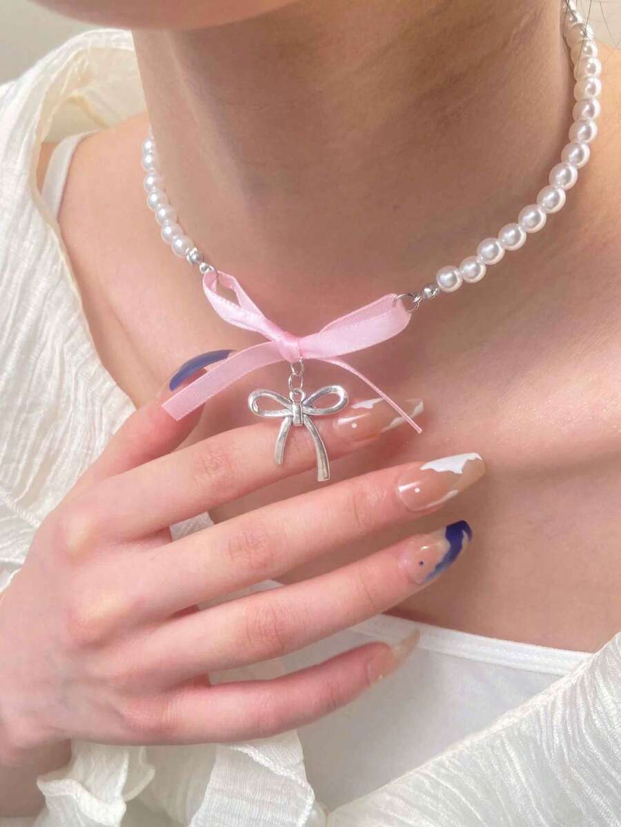 1件法式粉色心形蝴蝶结珍珠项链，独特设计，甜美纯洁的颈链 - 銀色 - 查看 1