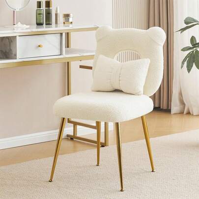 Armless Upholstered Chair Makeup Vanity, Cute Sherpa Accent Chair Living Room, Bedroom, Dressing Room, Vanity Stool Chair With Back, Gold, IvoryWhite