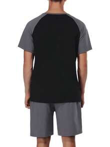 Men's Cotton Pajamas Sets V Neck Lounge Set Sleepwears With Pockethalloween - Black Color Block - View 10