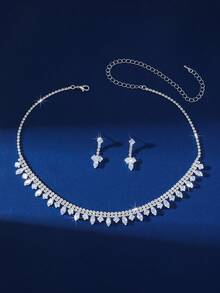 奢华时尚女士珠宝套装，水钻项链和耳环，适合新娘、派对、庆典和日常佩戴 - 銀色 - 查看 3