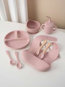 8PCS Print On Demand Custom Name Pattern Baby Silicone Tableware Set Personalized Customization Sucker Bowl Plate Leakproof Baby Cup Baby Bib Soft Spoons Forks,Halloween Edit,Back To School Fashion,Christmas Gift - Multicolor - View 14