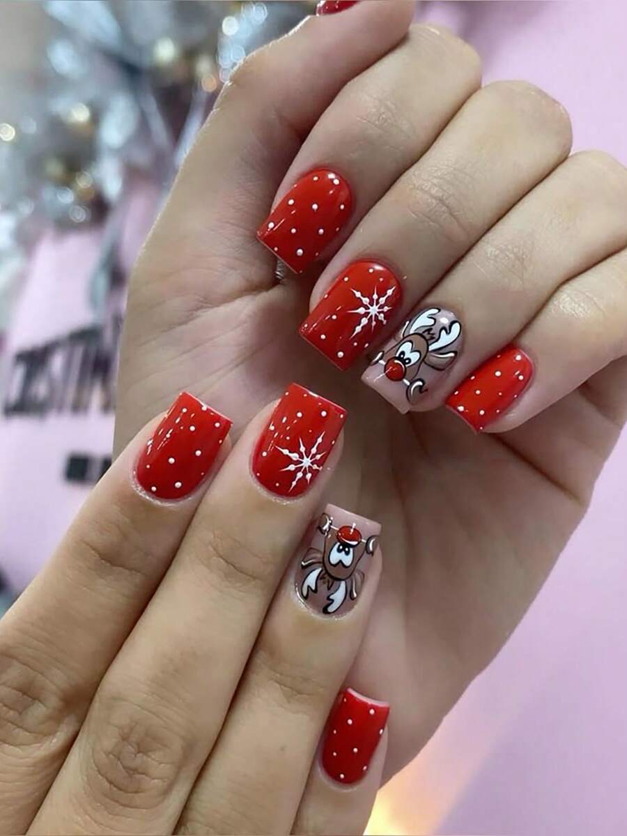 24 Peças de Unhas Curtas Postiças com Estampa de Floco de Neve, Rena Cartoon Vermelha, Unhas Falsas de Natal, Unhas Curtas, Unhas de Verão, Suprimentos Adequados para Usar, Unhas Postiças