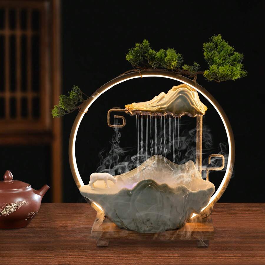 LED Tabletop Indoor Water Fountain  Fake Plants Waterfall Zen Decor With Mist, For Meditation With Fake Plants Feng Shui Decor For Good Luck Wealth - 美規A型插(110-127V) - 查看 1