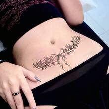 1pc Washable, Waterproof, Sweat-Proof, Non-Reflective Temporary Tattoo Sticker With Succubus, Floral, Bow Design, Suitable For Waist, Abdomen, Shoulder, Y2K Style, Suitable For People Daily Use - Black - View 4