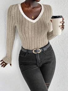 Damen Lässig Elegant gerippter Slim Fit V-Ausschnitt Strickpullover, langärmelige vielseitige figurformende Top, Winter warme Basisschicht, Damen Herbst/Winter Bekleidung