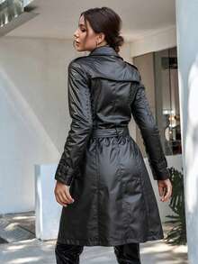 Giolshon 女士秋冬 PU 极简通勤时尚夹克 - 轻便外套配腰带 - 百搭时尚风衣 - 黑色 - 查看 3