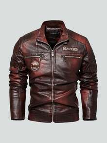 Men's Outdoor Winter Plus Fleece Motorcycle Style PU Leather Jacket, Solid Color Stand Collar Pilot Letter Patch Zipper Leather Jacket.