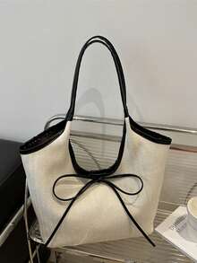 Portable Women's Bow Handbag, Suitable For University, Business, Work, Commuting, High School, Office, Elementary School, Middle School, High School, Workplace, Sports Venue, Workout, Large Capacity Shoulder Bag - Beige - View 9