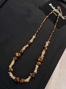 复古气质多层虎眼石吊坠项链女士不锈钢双层锁骨链套装首饰，女士日常派对配饰，时尚珠宝，最佳朋友礼物（天然石颜色随机） - 棕色 - 查看 14