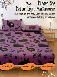 1 pieza Sábana ajustable con estampado de calabaza y gatito, suave y transpirable, diseño de bolsillo profundo, protector de colchón transpirable y anti-pelusas, a prueba de polvo y antideslizante para todas las estaciones, se ajusta a colchones de tamaño individual/doble/queen/king, lavable a máquina