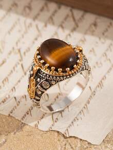 1 件男士时尚复古天然棕色绿松石戒指，适合婚礼、订婚、派对的珠宝 - 銀色 - 查看 6