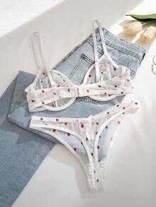 1套女士纯色草莓印花蝴蝶结钢圈舒适文胸和内裤套装