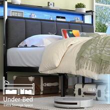 LED Bed Frame With Storage Headboard, Upholstered Bed Frame With Charging Station, Metal Platform Bed Frame With Heavy Duty Metal Slats, No Box Spring Needed, Easy Assembly, Black/ White/ Beige - 黑色 - 查看 5