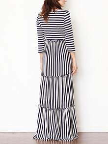 Retro Boho Woven Floral Pink Yellow Maxi Surplice Wrap Sah Dress Front Tie Flutter Sleeve - 條紋 - 查看 3