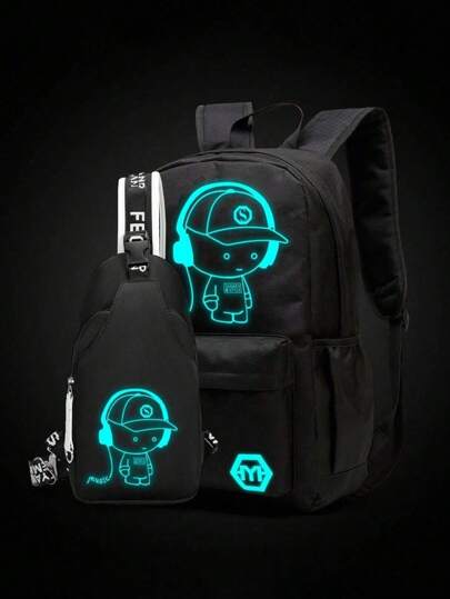 2件荧光夜男士书包套装，2件男士双肩包套装（含胸包），牛津布简约时尚卡通表情印花，适合学生、男士、男孩（所有背带印花随机）