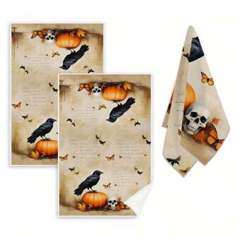 Set de 2 toallas de cocina de Halloween, 40cm*60cm - Toalla de platos con tema de Halloween en beige con patrones de calabaza, calavera, cuervo y mariposa, adecuada para decoración de fiesta festiva, paño de platos de poliéster naranja, excelente para decoración del hogar, baño y fiesta