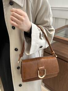 Retro Solid Colored Square Shoulder Bag All Matching Flap Armpit Purse Women's Simplest Armpit Bag, New Year's Ideal Gift, Women's Fashion Business Casual Bag, Office, Business And Work Perfect - Brown - View 5