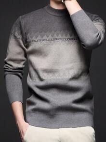 男士厚圆领毛衣，商务休闲提花针织长袖套头衫，适合分层穿着或外套，秋冬 - 淺灰色 - 查看 5