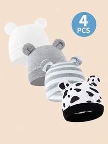 4件套婴儿帽套装，适合春秋季佩戴，包含婴儿帽、新生儿帽、男童帽，采用柔软面料，可爱耳朵设计，四季皆宜，适合0-6个月宝宝日常佩戴。 - 彩色 - 查看 9