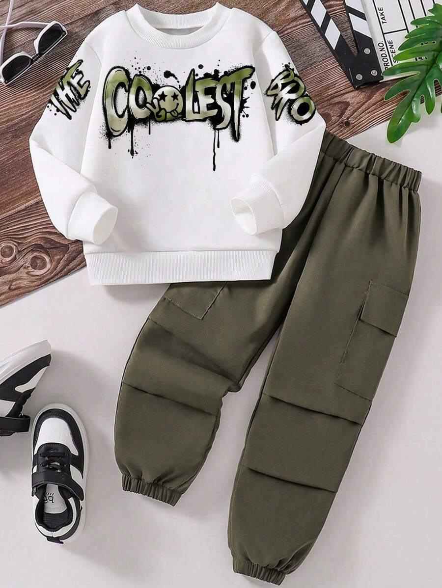 Tween Boys Letter Graphic Print Crew Neck Long Sleeve Top And Solid Color Pants Set - White - View 1