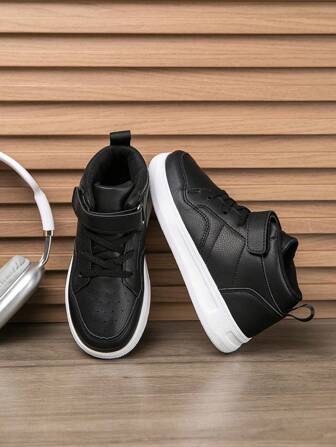 1 Pair Kids Leather Patchwork High-Top Sneakers, Waterproof, Comfortable, Versatile, Suitable For All Seasons