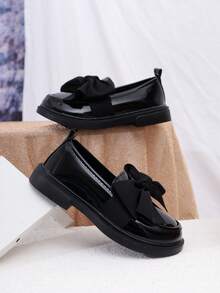 Girls' Bowknot Leather School Shoes, Children Princess Shoes, British Style Black Flats, Soft Sole Student Performance Shoes