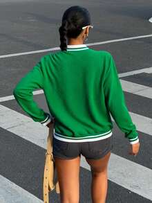 Cazadora tipo bomber unicolor con botonaduara  A rayas    Casual    Botón delantero  Canalé  Bolsillo    Diario - Verde - Ver 3