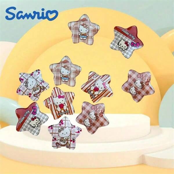 Sanrio 10 Stücke zufällige Sanrio Hello Kitty Stern DIY Acryl Accessoires - Multifunktionale Handyhülle, Haarspange und Schlüsselanhänger, karierte und blumige Muster, süße Sammlerstücke, Basteldekorationen | Bunte Accessoires | Karomuster