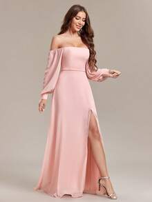 Women's Off Shoulder High Slit Thighs Chiffon A-Line Bridesmaid Dresses,Prom Gown, Wedding Guest Dress For Wedding, For Graduation, Dinner